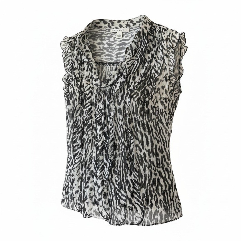 Banana Republic Womens XS Animal Print Ruffle Sleeveless Tie Neck Blouse B/W